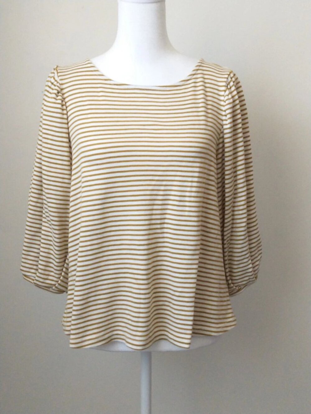 Eri +Ali Anthropologie Mustard Brown Striped Puff Sleeve Top S Coastal